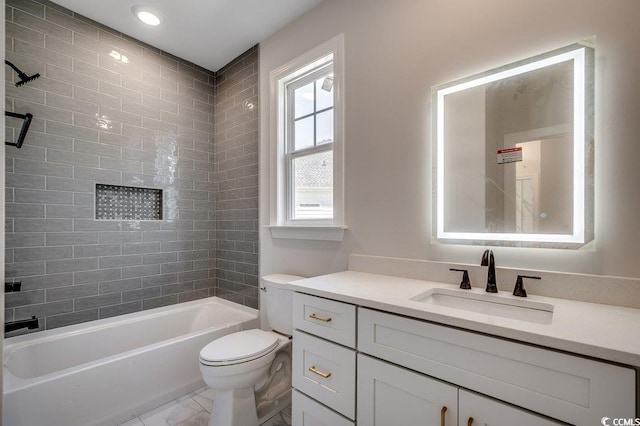 full bath with shower / bathtub combination, toilet, and vanity