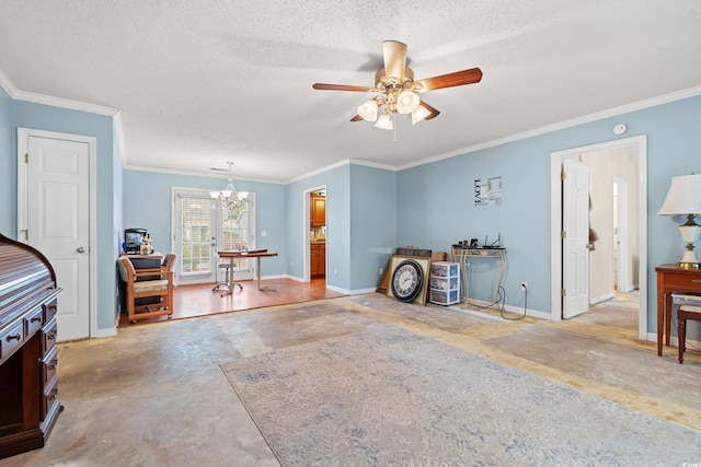 misc room with crown molding, ceiling fan with notable chandelier, and a textured ceiling