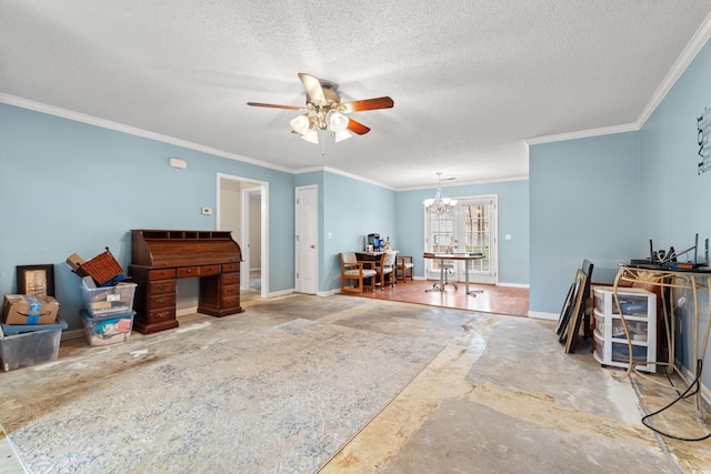 miscellaneous room with concrete flooring, crown molding, ceiling fan with notable chandelier, and a textured ceiling