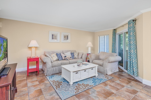 living room with crown molding