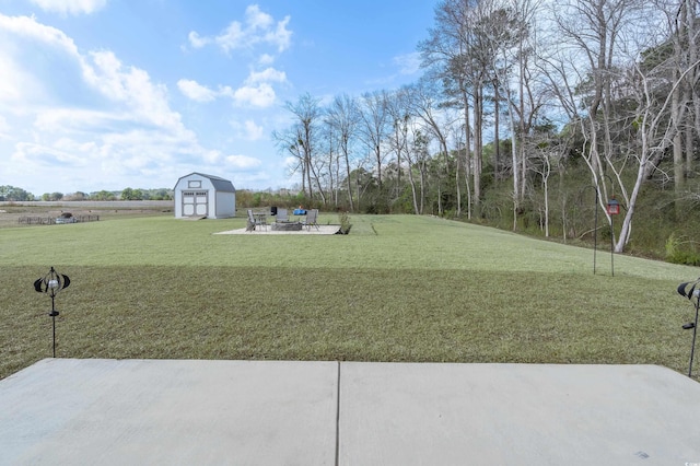 view of yard with a patio and a storage shed