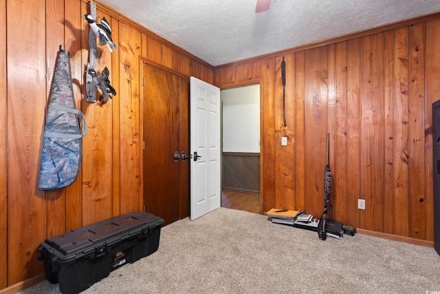 exercise area featuring wood walls, a textured ceiling, and carpet flooring