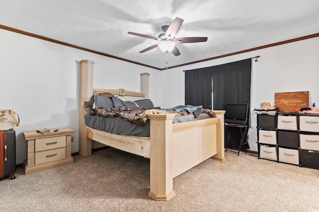 bedroom featuring light carpet, ceiling fan, and crown molding