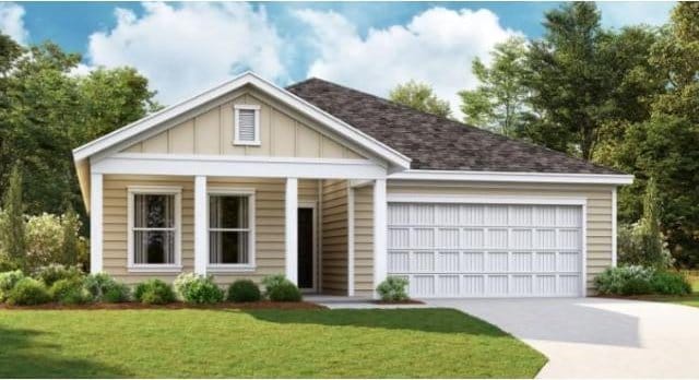 view of front of home with a garage, board and batten siding, concrete driveway, and a front lawn