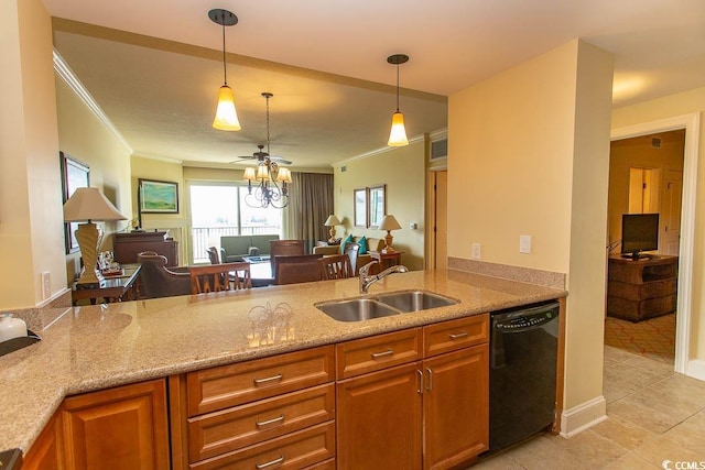 kitchen with dishwasher, sink, light stone counters, and decorative light fixtures