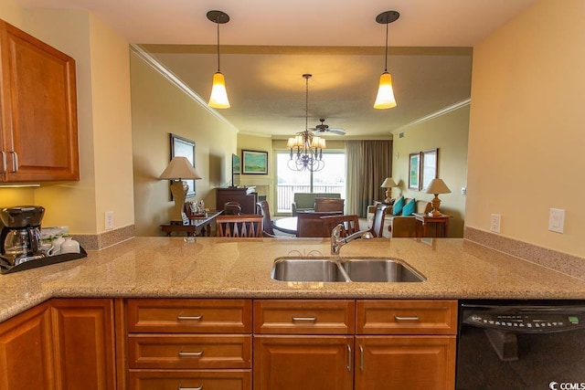 kitchen featuring hanging light fixtures, dishwasher, sink, and crown molding