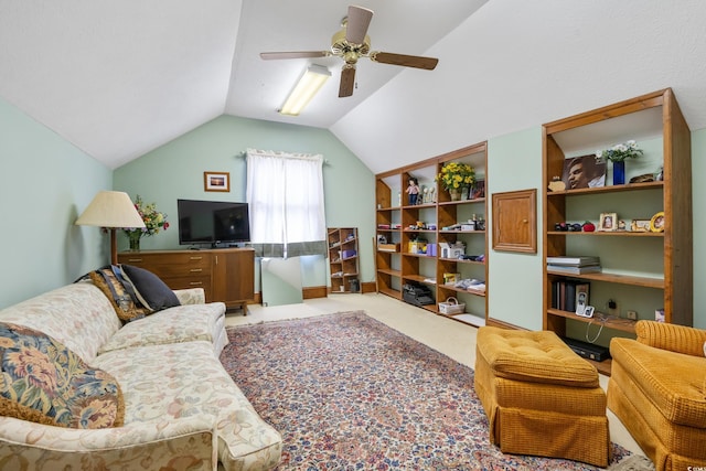 carpeted living room featuring lofted ceiling and ceiling fan