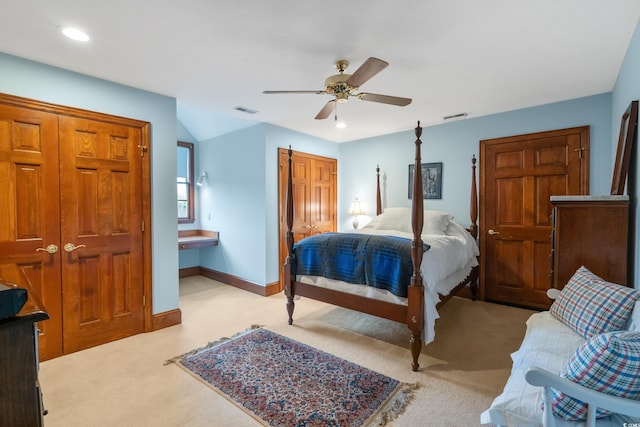 carpeted bedroom with ceiling fan