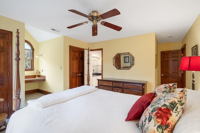 bedroom featuring ceiling fan and ensuite bathroom