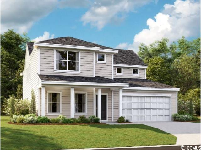 view of front of property featuring driveway, a shingled roof, a front lawn, and an attached garage