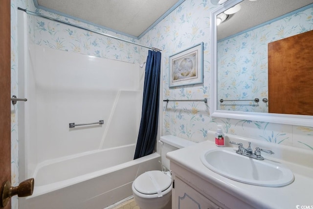 full bathroom featuring vanity, shower / bath combination with curtain, a textured ceiling, and toilet