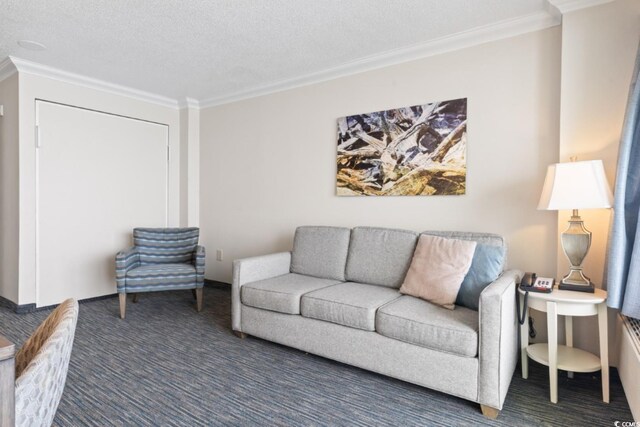 1105 S Ocean Blvd Unit 1134, Myrtle Beach, SC 29577 - living room with crown molding, dark carpet, and a textured ceiling