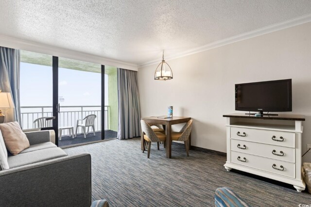 1105 S Ocean Blvd Unit 1134, Myrtle Beach, SC 29577 - living room with crown molding, dark carpet, floor to ceiling windows, and a textured ceiling