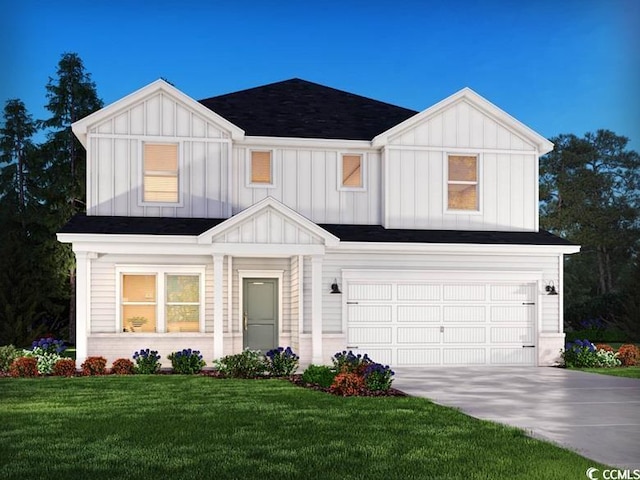 modern farmhouse style home featuring a garage, driveway, a front lawn, and board and batten siding