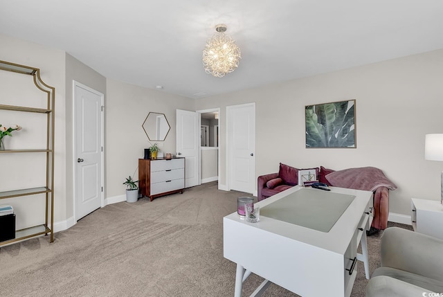 bedroom with light carpet and a notable chandelier