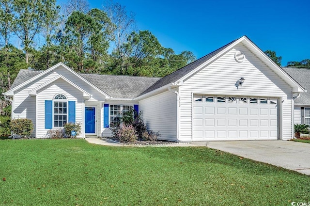 ranch-style home featuring a garage and a front lawn