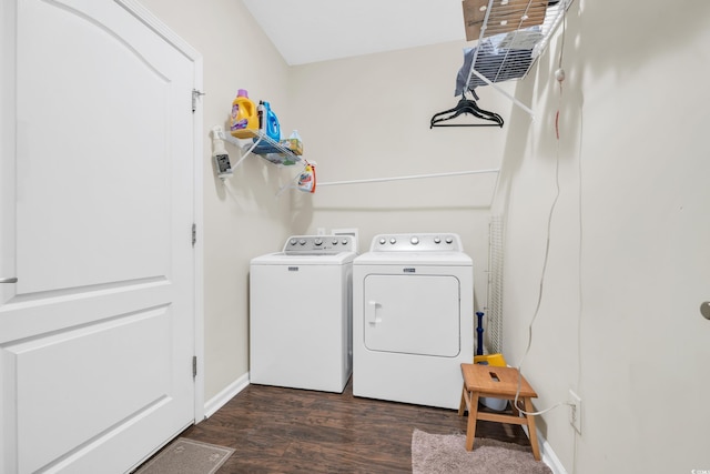 laundry area with laundry area, baseboards, dark wood-style floors, and separate washer and dryer