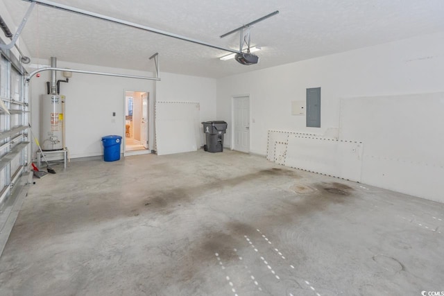 garage with water heater, a garage door opener, and electric panel