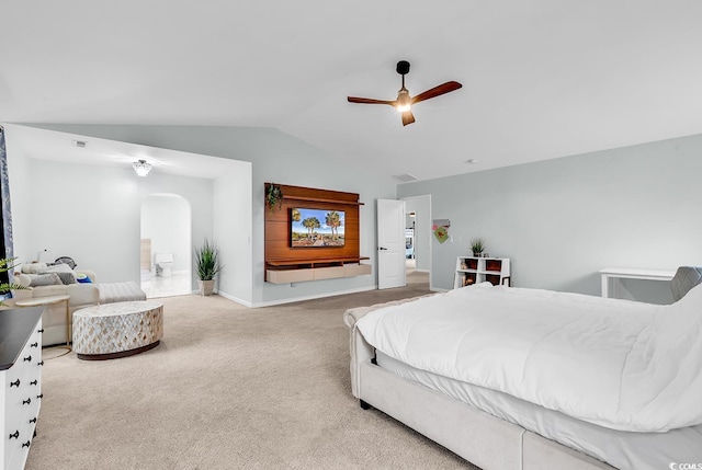 145 Bendick Ct, Little River, SC 29566 - carpeted bedroom featuring baseboards, a ceiling fan, visible vents, lofted ceiling, and arched walkways