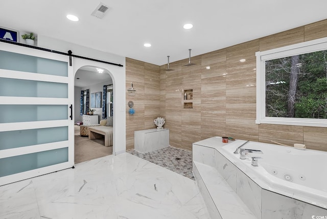 145 Bendick Ct, Little River, SC 29566 - bathroom featuring a tile shower, marble finish floor, a whirlpool tub, and visible vents