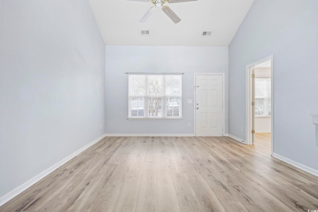 empty room with light wood-type flooring, visible vents, and baseboards