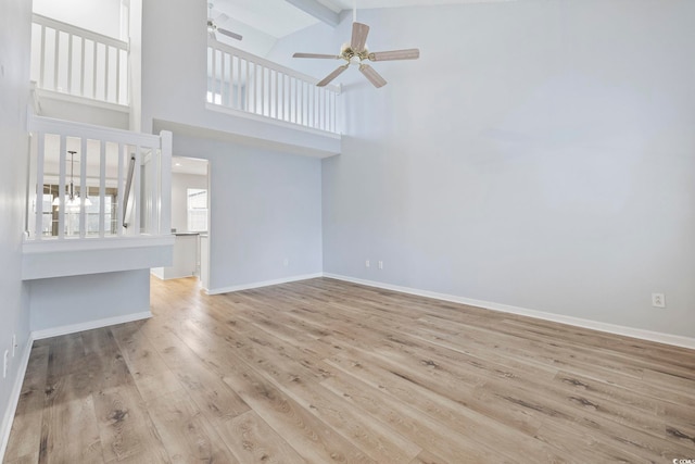 unfurnished living room featuring high vaulted ceiling, light wood-style flooring, baseboards, and ceiling fan