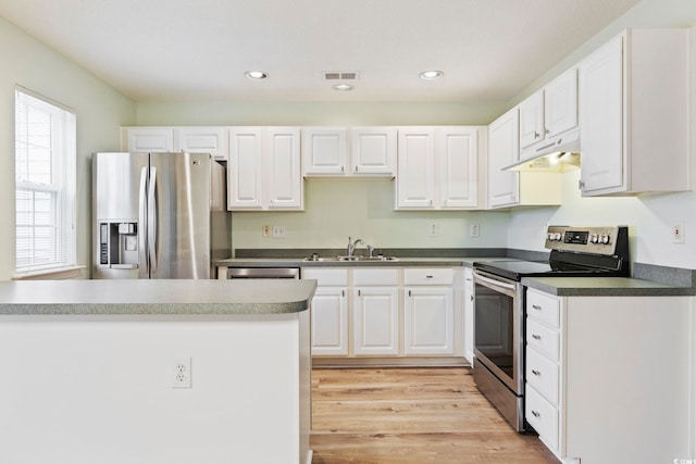 kitchen featuring stainless steel appliances, a sink, white cabinetry, and under cabinet range hood