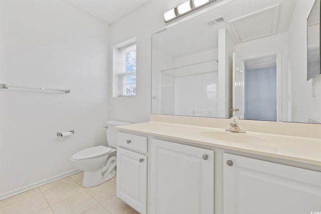 full bath with tile patterned flooring, toilet, vanity, visible vents, and baseboards