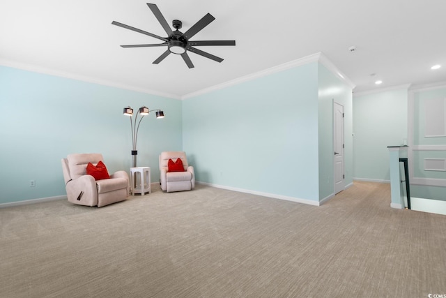 unfurnished room with light carpet, crown molding, and baseboards