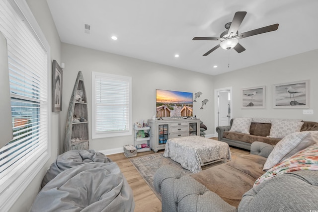 living room featuring ceiling fan and wood-type flooring