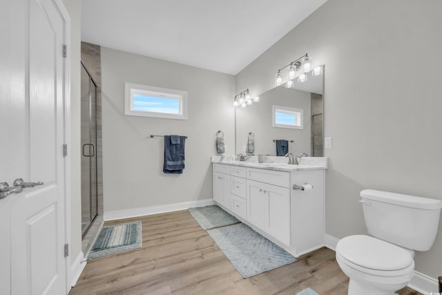 bathroom with vanity, hardwood / wood-style floors, a shower with shower door, and toilet