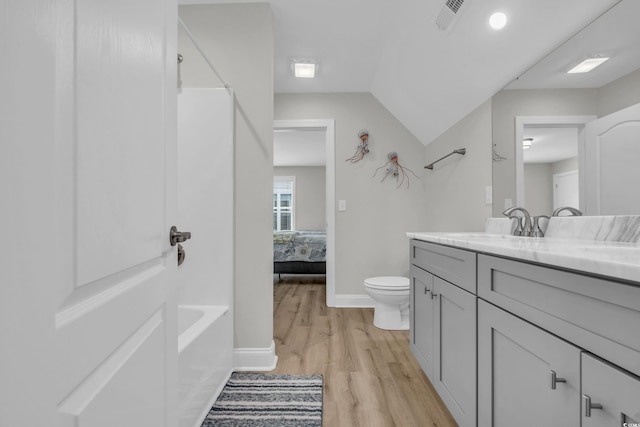 bathroom with vanity, hardwood / wood-style floors, and toilet