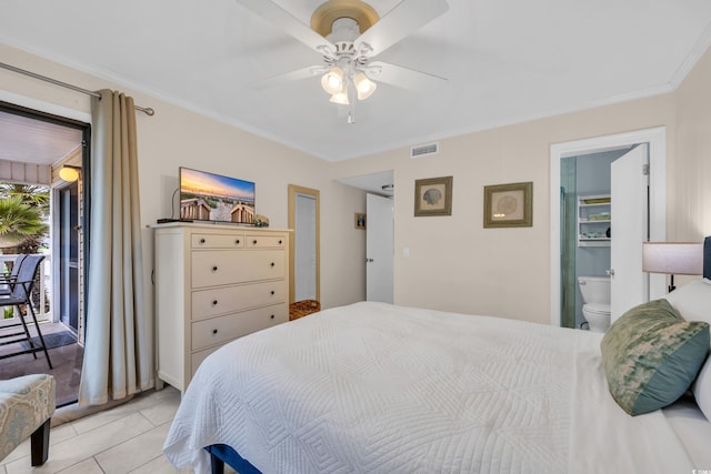 bedroom featuring a ceiling fan, light tile patterned floors, ornamental molding, access to exterior, and visible vents