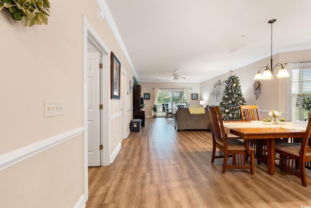 dining space with crown molding, ceiling fan with notable chandelier, and light wood-type flooring