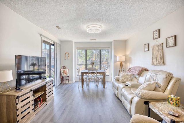 living area with a textured ceiling, wood finished floors, and baseboards