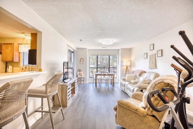 living room featuring a textured ceiling, baseboards, and wood finished floors