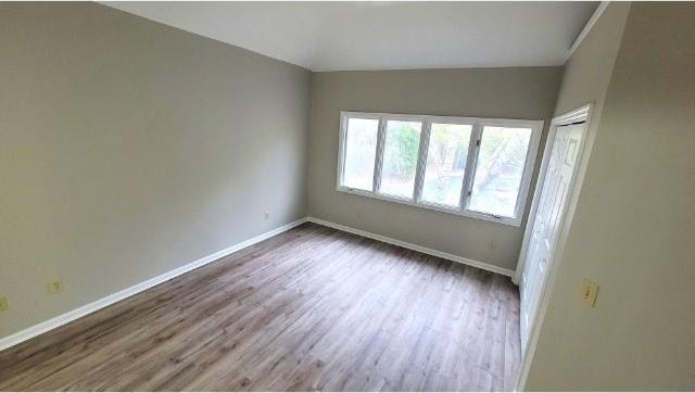 spare room with lofted ceiling and hardwood / wood-style floors