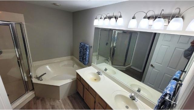 bathroom featuring vanity, independent shower and bath, and wood-type flooring