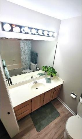 bathroom featuring vanity, wood-type flooring, and toilet