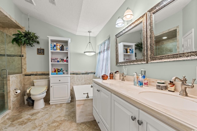 full bathroom featuring shower with separate bathtub, tile walls, vanity, a textured ceiling, and toilet