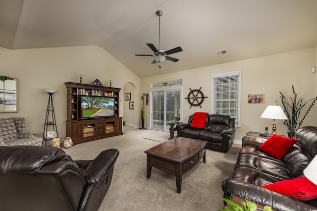 living room featuring light carpet, vaulted ceiling, and ceiling fan