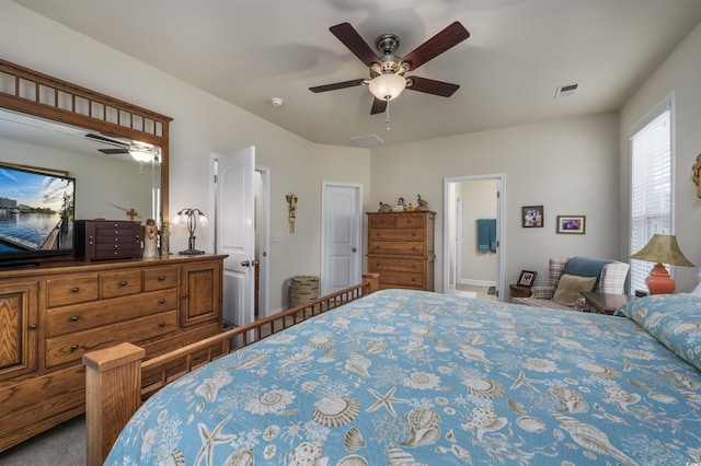 carpeted bedroom featuring ceiling fan