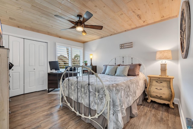 bedroom featuring wood ceiling, ceiling fan, dark wood-type flooring, and a closet