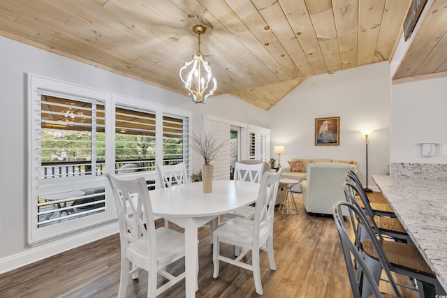 dining room with dark wood-type flooring, a notable chandelier, vaulted ceiling, and wooden ceiling