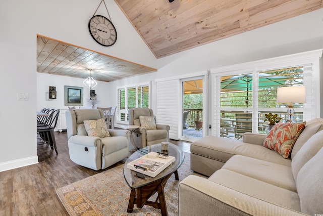 living room featuring high vaulted ceiling, wooden ceiling, and dark hardwood / wood-style floors