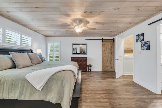 bedroom featuring hardwood / wood-style flooring, ceiling fan, a barn door, and wooden ceiling