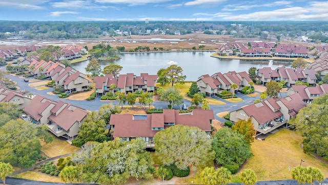 drone / aerial view featuring a water view