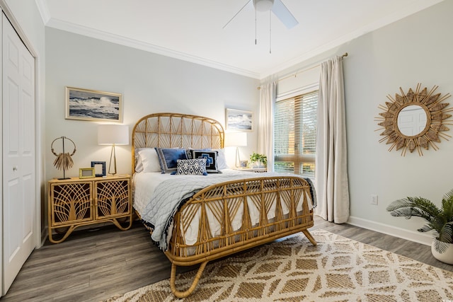 bedroom with crown molding, hardwood / wood-style flooring, a closet, and ceiling fan