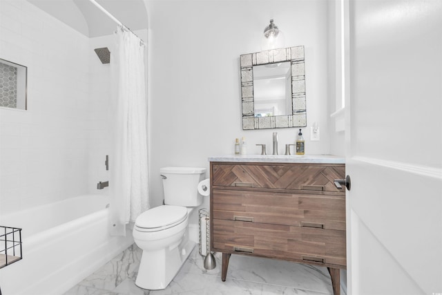 full bathroom with marble finish floor, vanity, toilet, and shower / bathtub combination with curtain