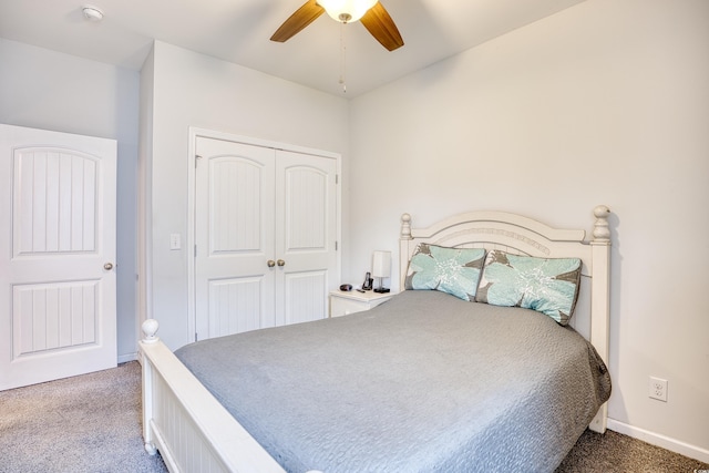 bedroom with ceiling fan, a closet, and carpet